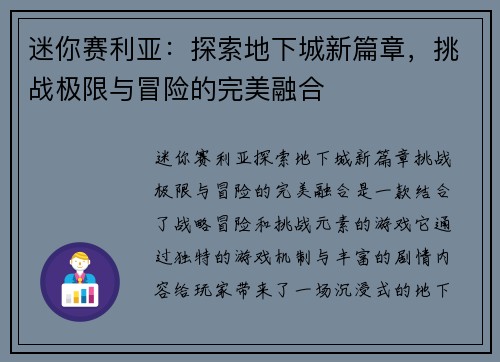 迷你赛利亚：探索地下城新篇章，挑战极限与冒险的完美融合