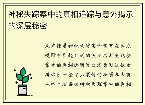 神秘失踪案中的真相追踪与意外揭示的深层秘密